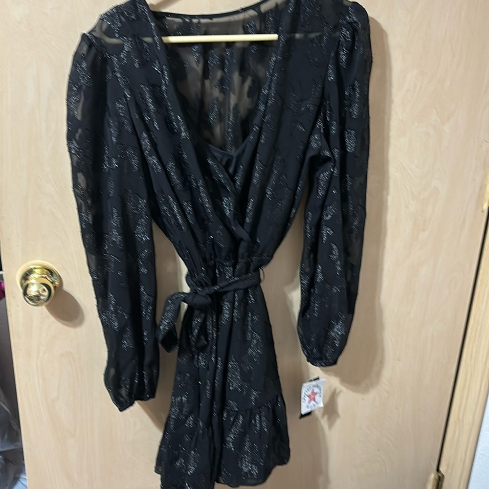 Betsy & Adam Black Metallic Long Sleeve Wrap Dress